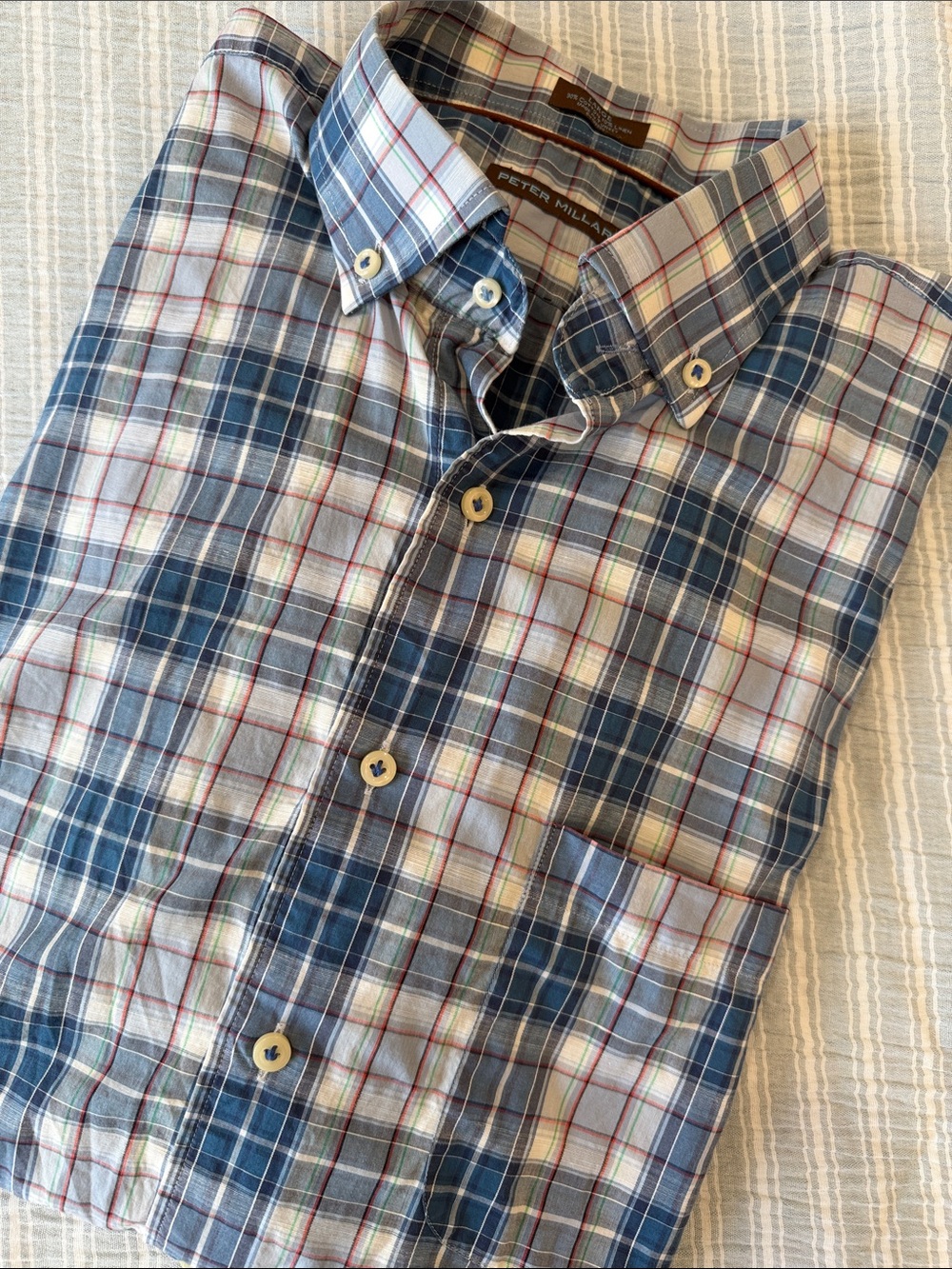 Peter Millar Men’s Size L Blue and White Plaid Linen Blend Button-Down Shirt